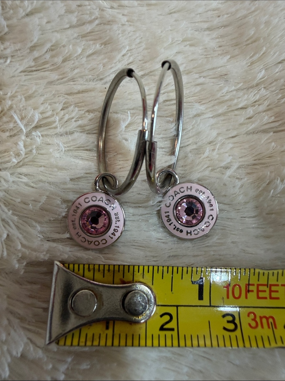Coach Silver-Tone Hoop Earrings with Pink Crystal Centers - Picture 3 of 3